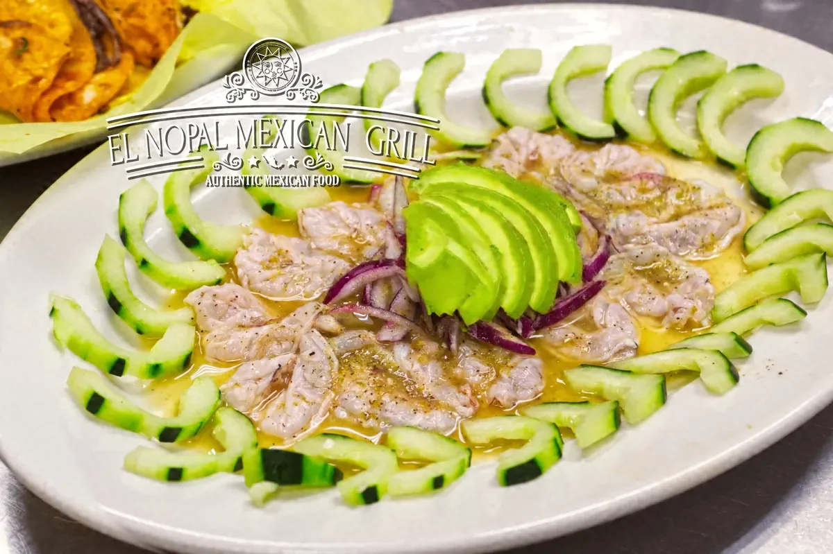 Plate ringed with cucumber, topped with avocado