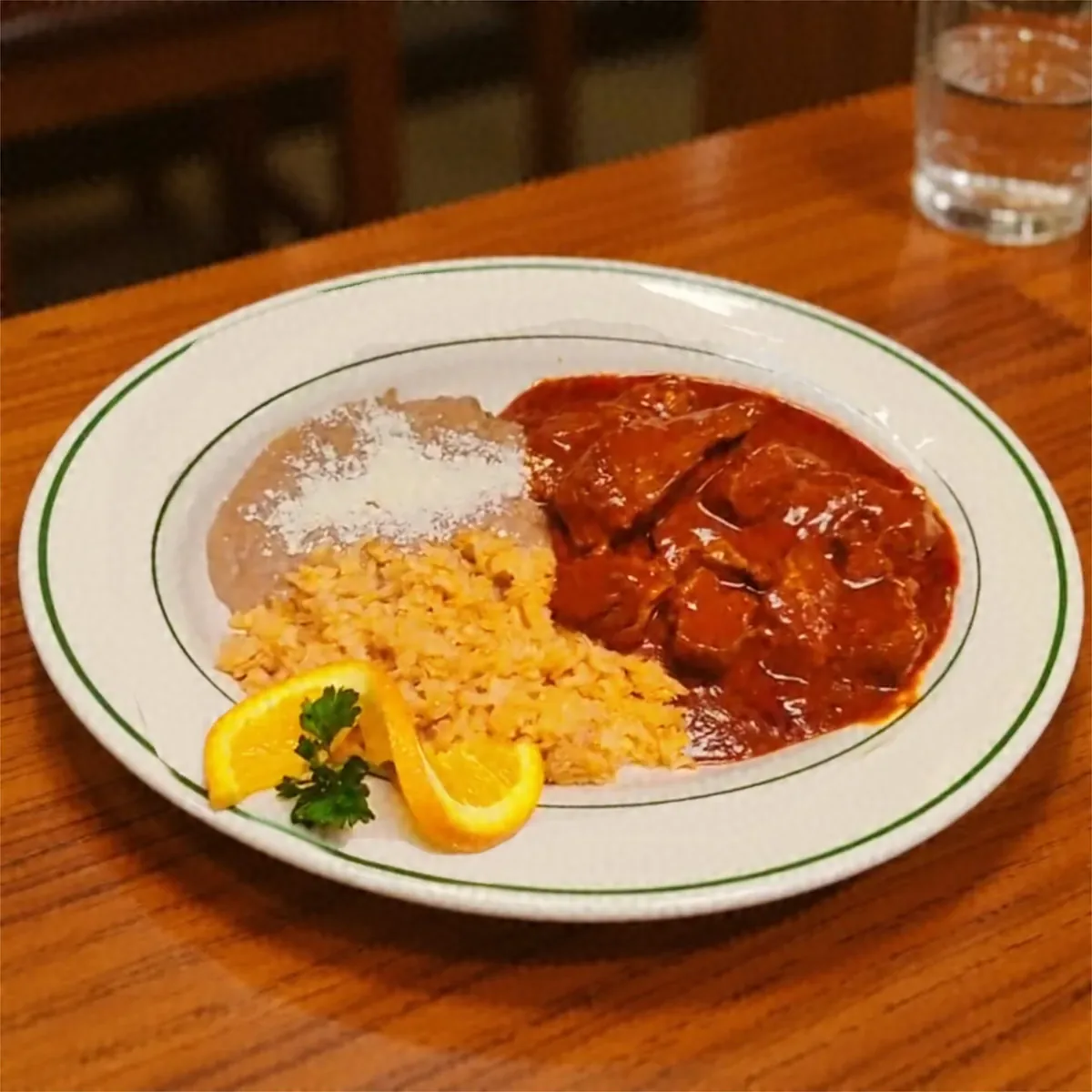 Plate with meat in red sauce, rice and beans