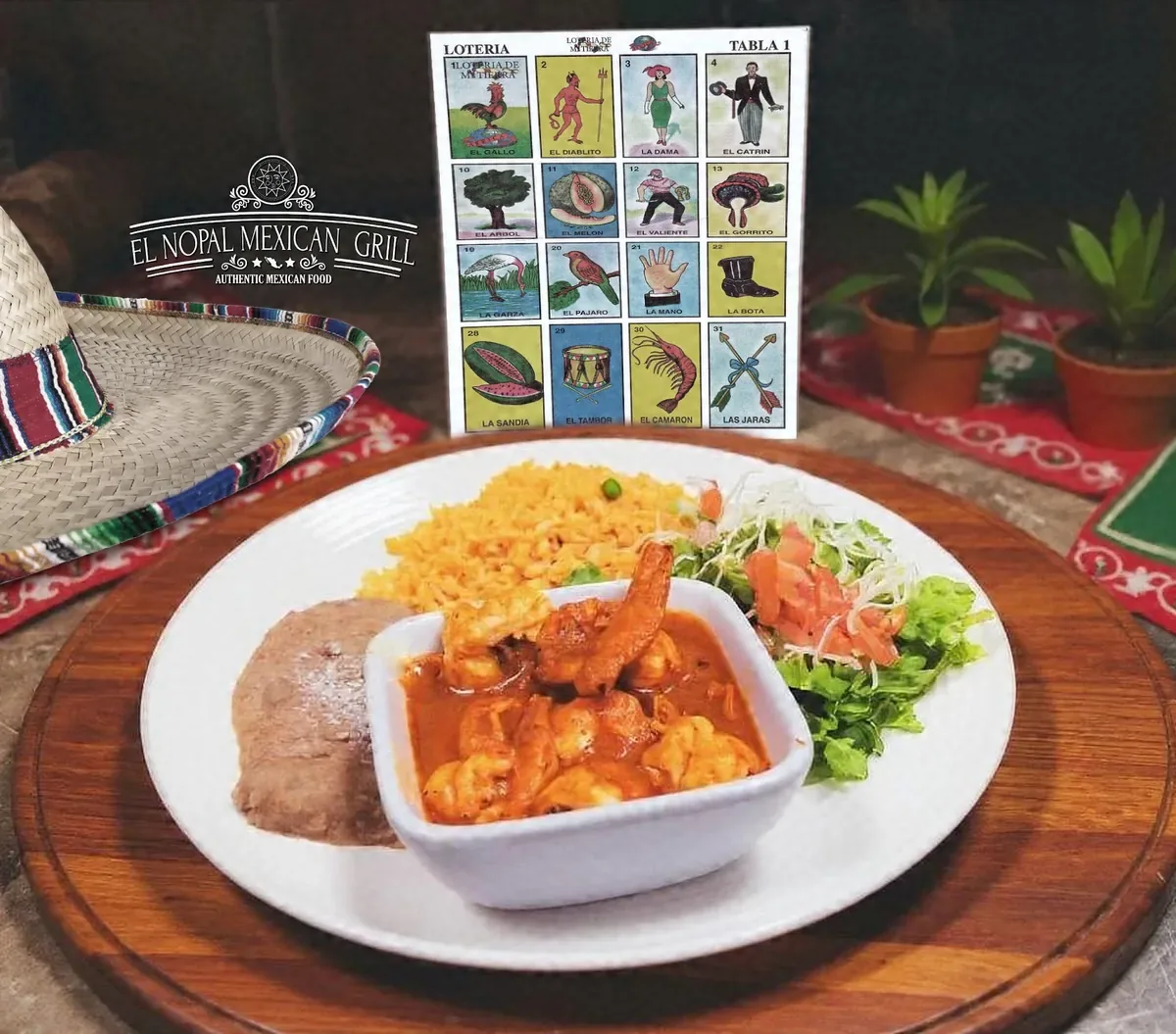 Shrimp plate with rice, beans and salad